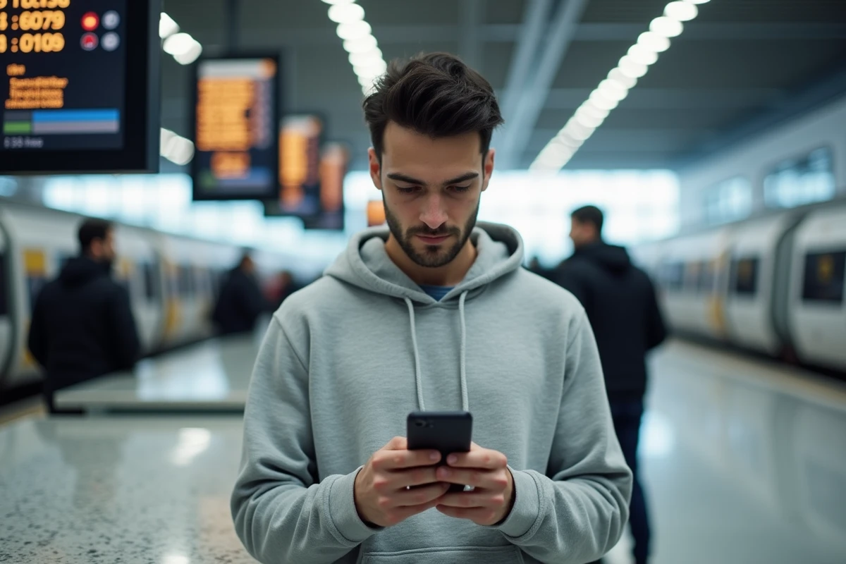 Homme gérant son compte KIS SNCF sur smartphone dans une gare moderne