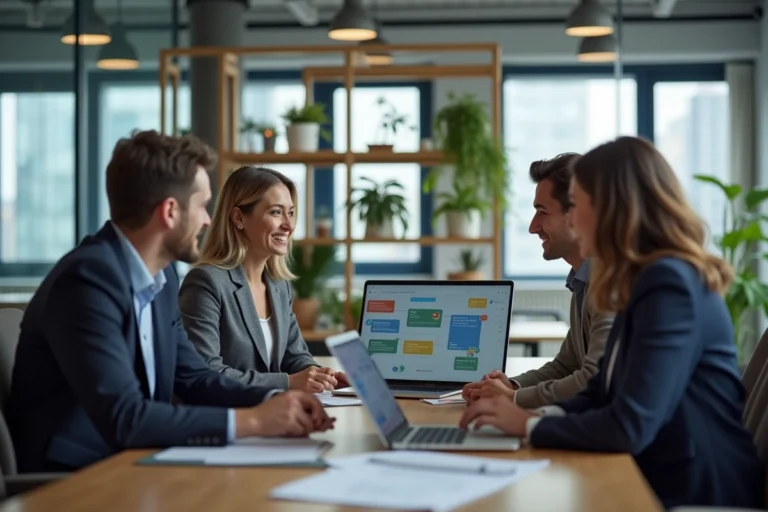 Groupe de quatre adultes travaillant ensemble autour d'une table de bureau
