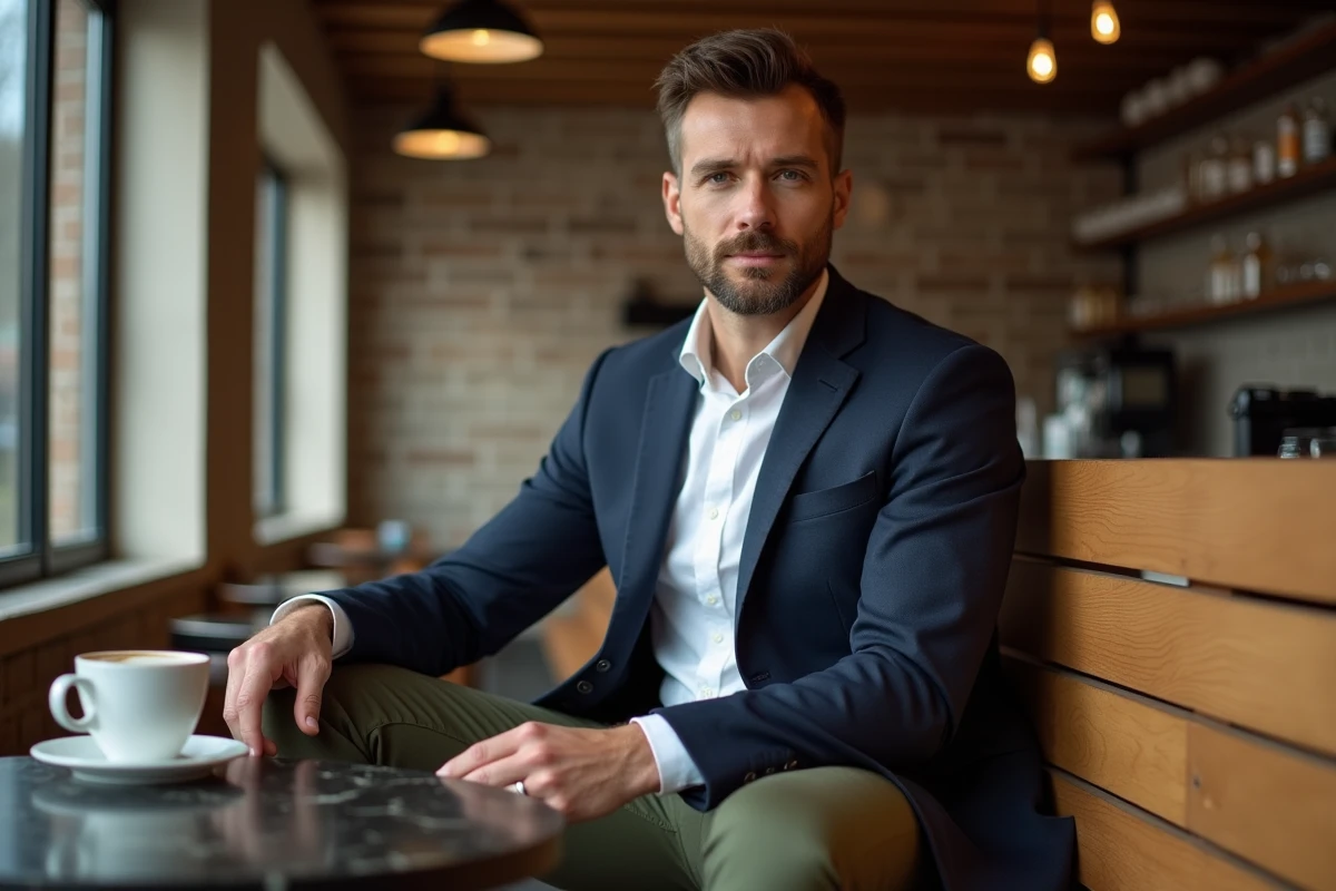 Homme stylé en blazer marine et chino olive assis dans un café minimaliste, tendances mode masculine urbaine