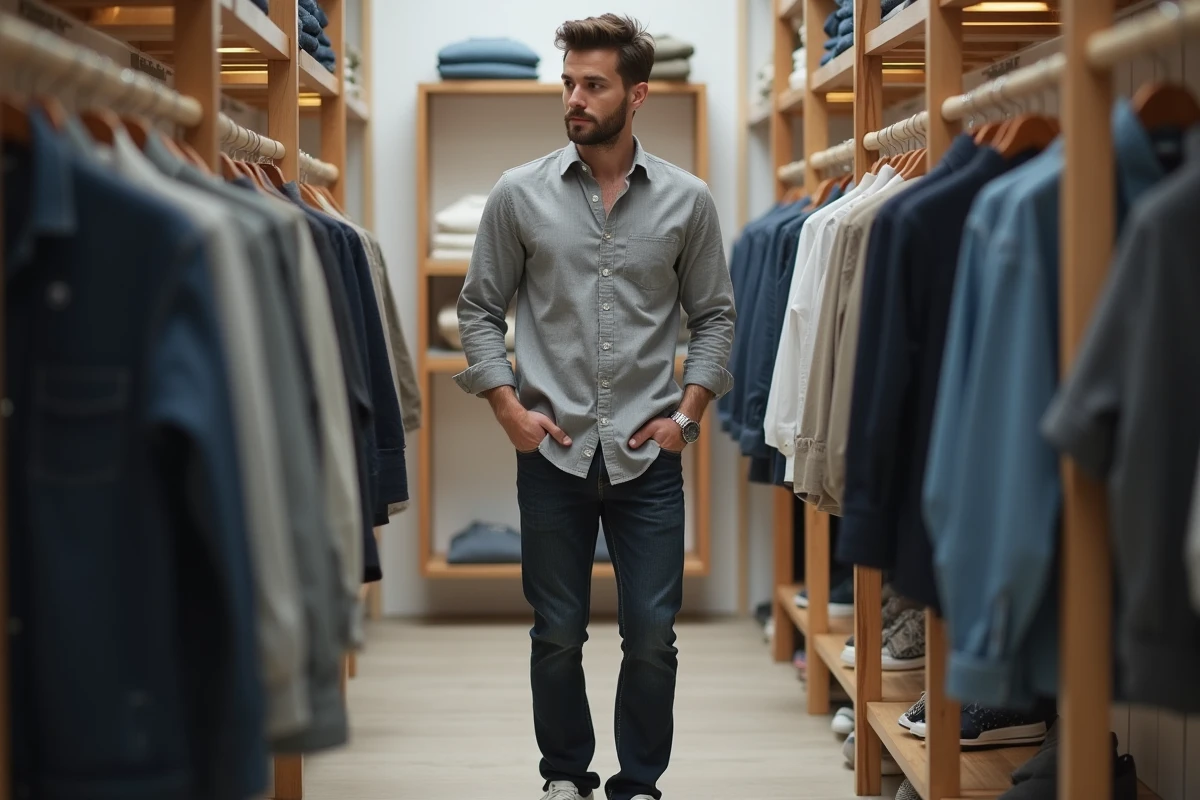 Homme parcourant des vêtements dans une boutique de mode masculine contemporaine, inspiration style décontracté et moderne