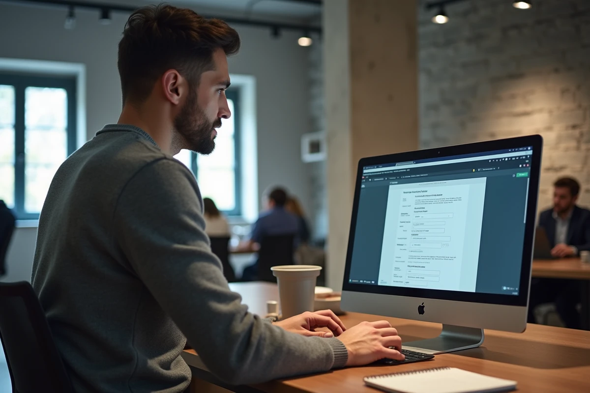 Homme configurant les paramètres webmail sur un ordinateur de bureau dans un espace coworking moderne à Grenoble