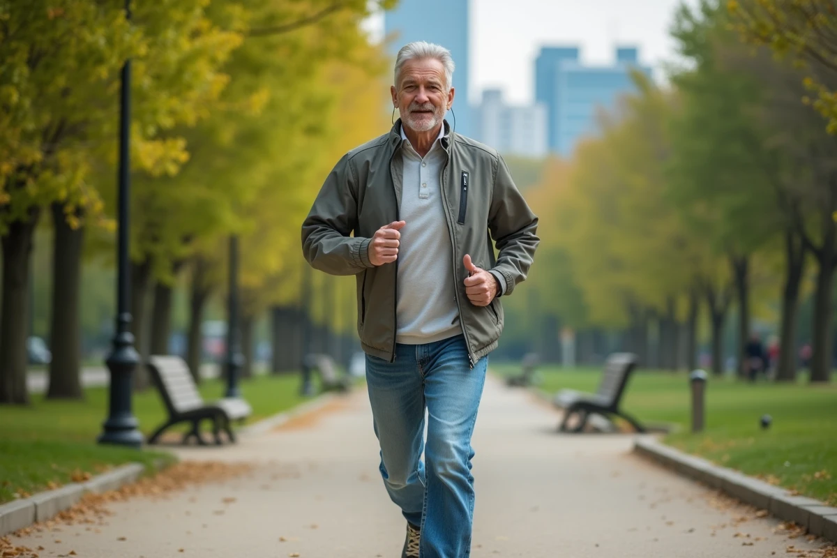 Homme courant dans un parc urbain verdoyant