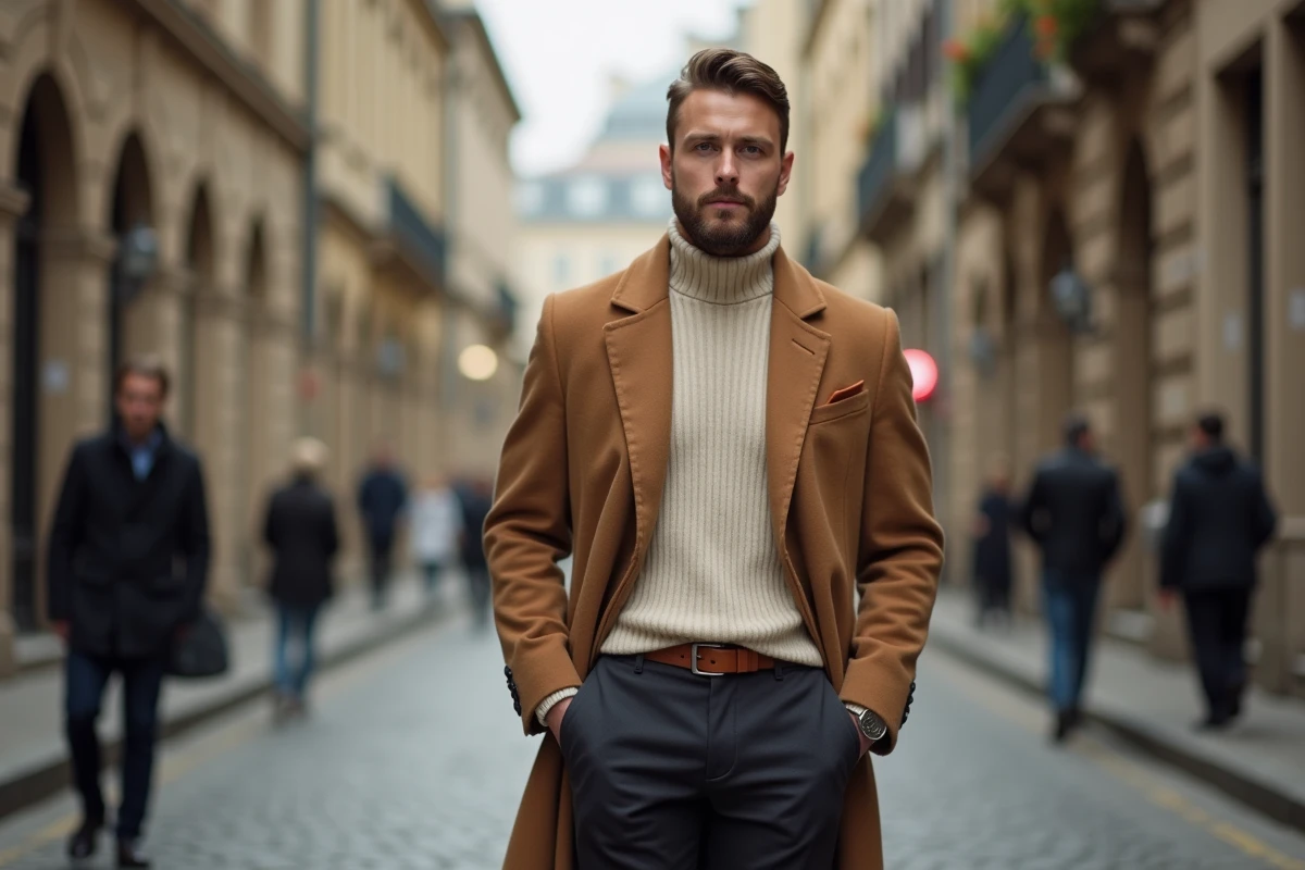 Homme élégant en manteau camel et col roulé crème dans une rue pavée européenne, style mode masculine automne-hiver