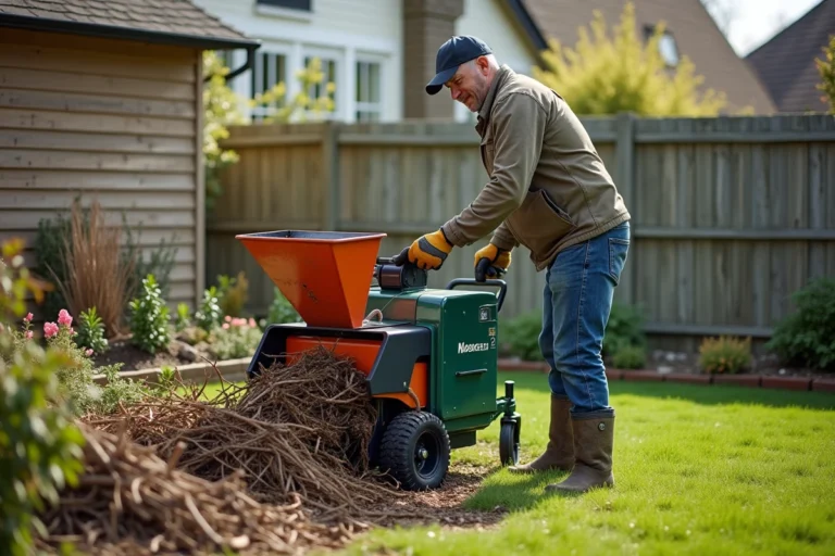 Homme en vêtements de travail utilisant un broyeur de branches dans un jardin
