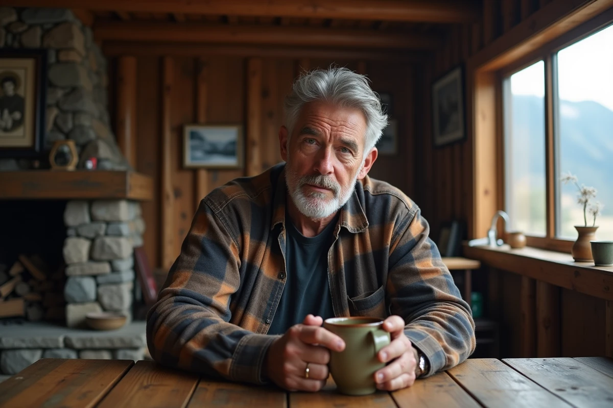 Homme aux cheveux argentés dans un ranch rustique de style Montana, pensif et contemplatif, évoquant un passé chargé d'histoire personnelle