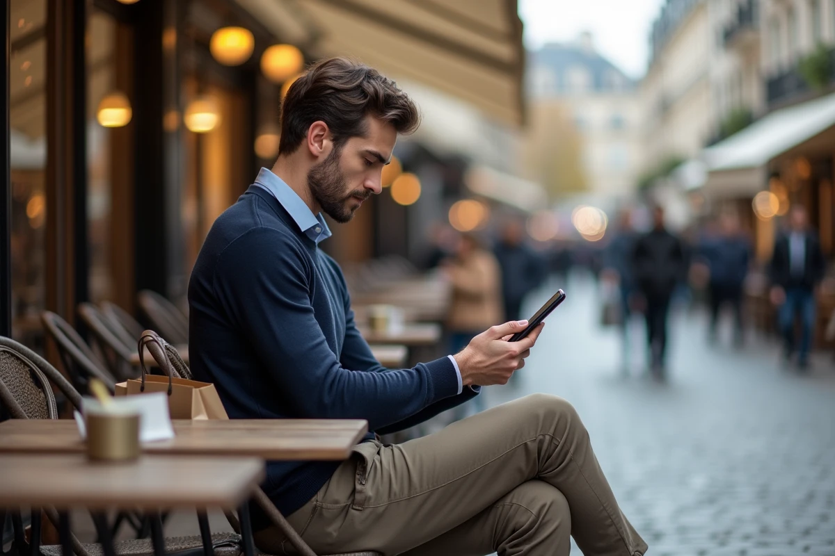 Homme élégant consultant des conseils shopping sur smartphone en terrasse avec des sacs de mode à ses côtés