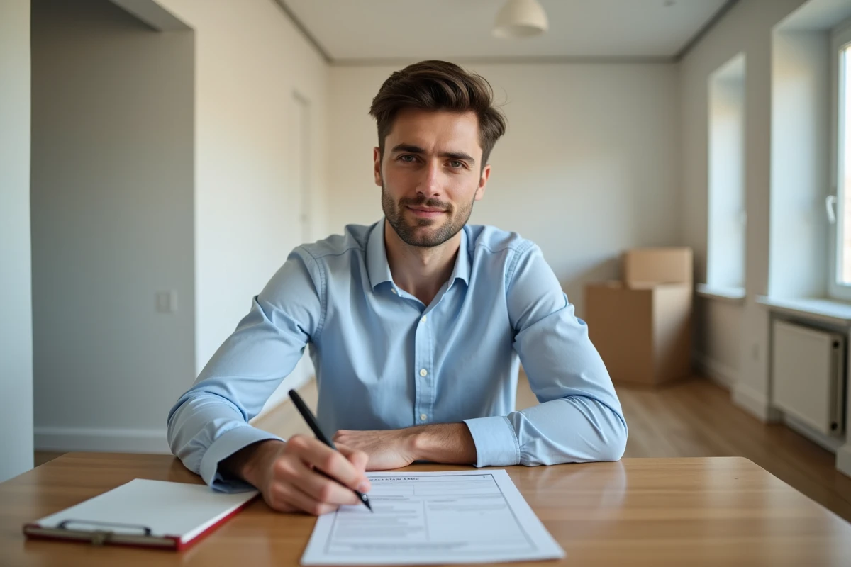 Jeune homme signe un formulaire de location dans un appartement