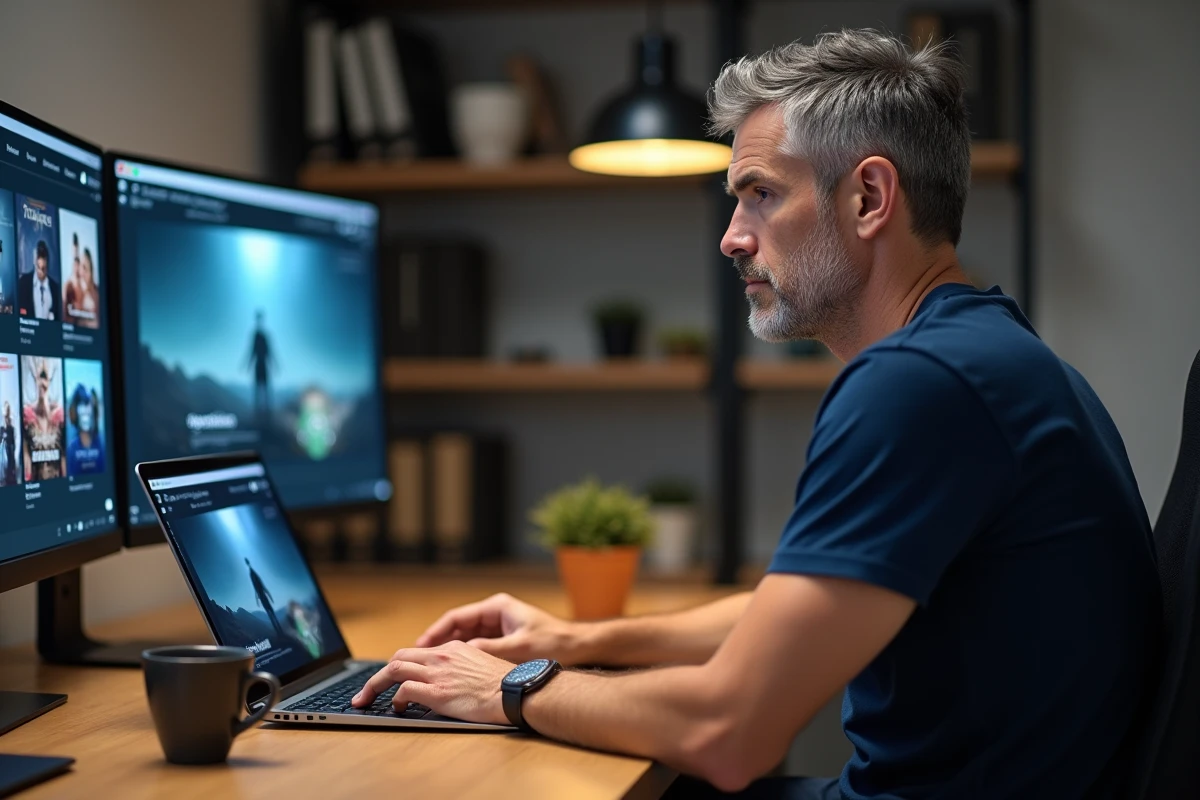 Homme en train de télécharger des films en streaming sur un ordinateur portable dans un bureau à domicile