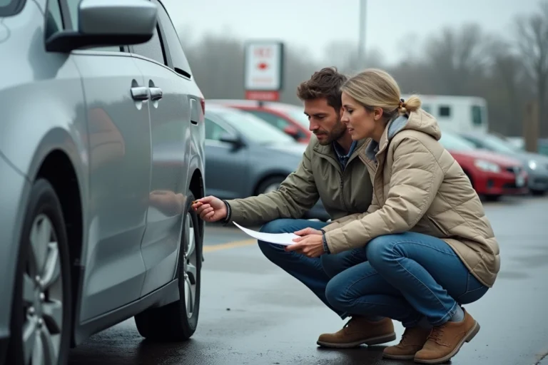 Couple de parents inspectant l'extérieur d'un monospace d'occasion dans un parking de concessionnaire