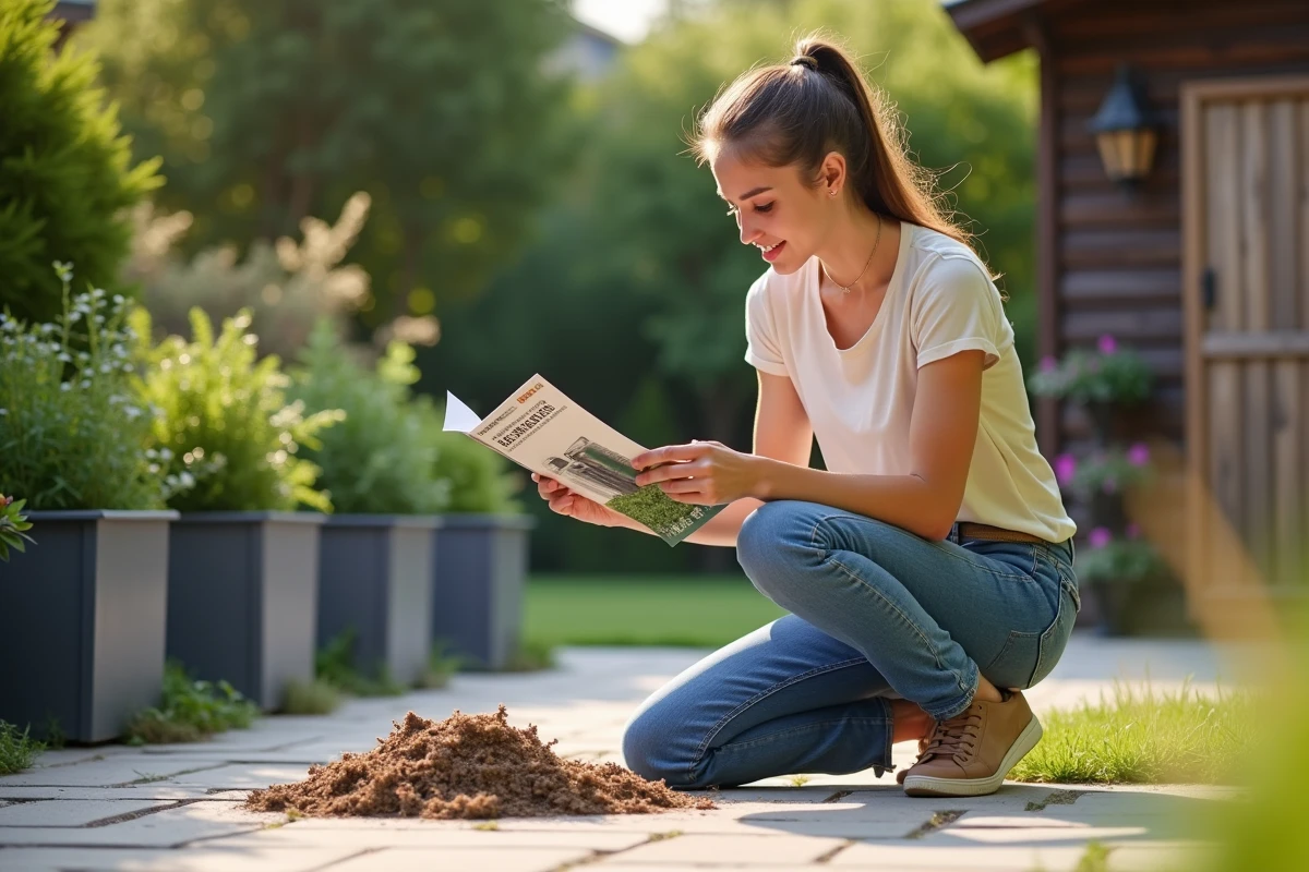 Jeune femme regardant une brochure de broyeur de jardin dans un patio