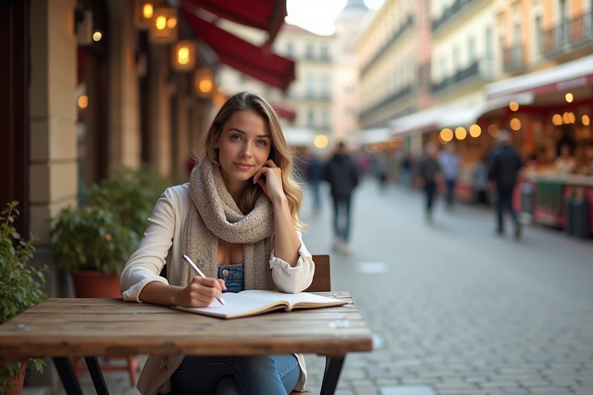 Jeune femme écrivant dans un café européen en plein air