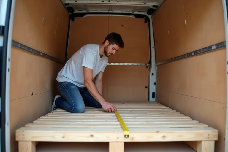 Jeune homme mesurant un lit dans un camion vide
