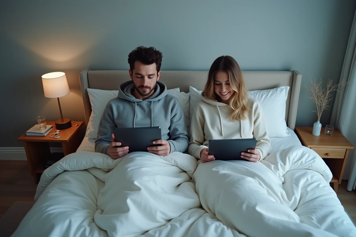 Deux jeunes adultes regardant des films en streaming sur des tablettes dans une chambre moderne et minimaliste