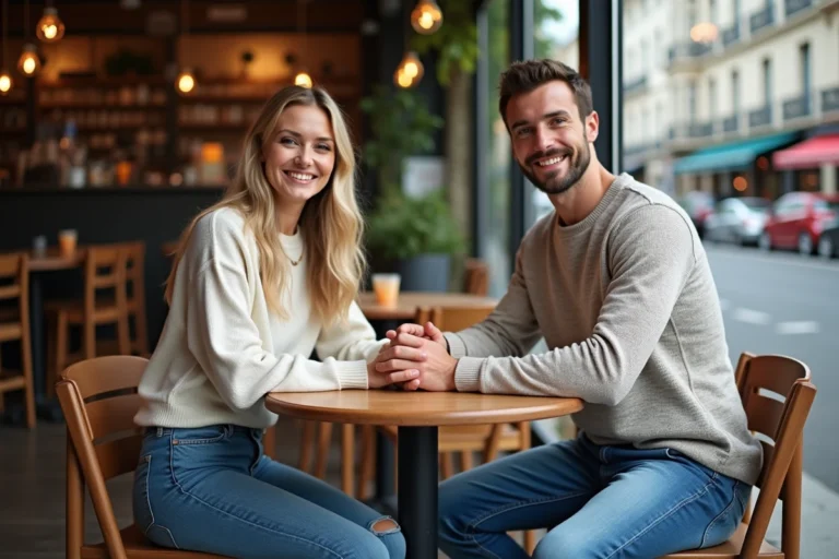 Kristina Mladenovic souriante avec un homme dans un café parisien