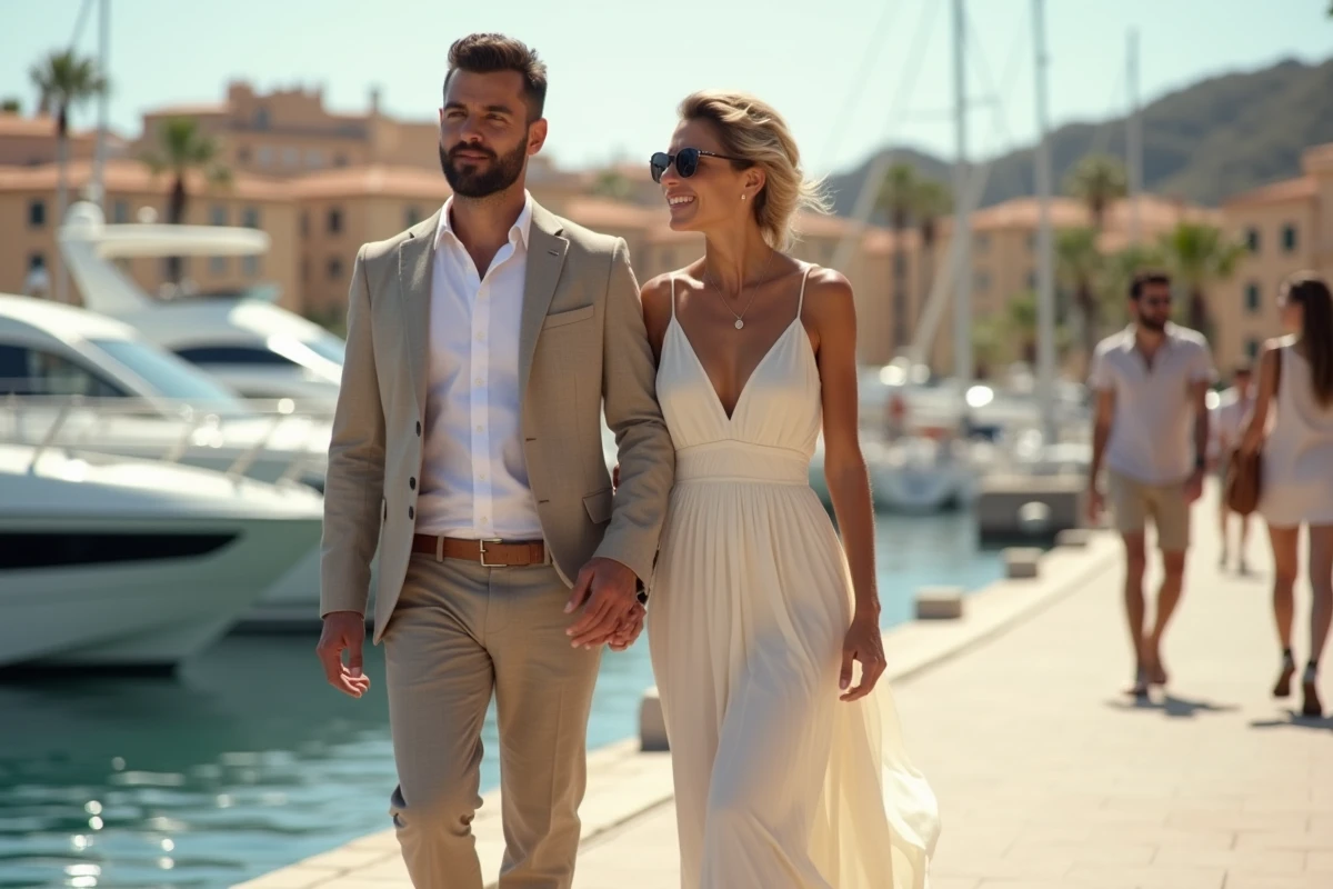 Couple célèbre et fortuné se promenant le long d'un port méditerranéen avec yachts de luxe, représentant la vie opulente de Maximillion Cooper et de la chanteuse Eve