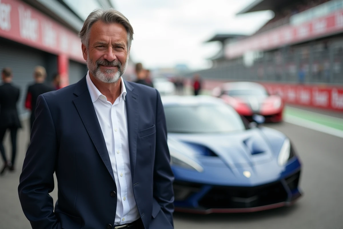 Homme d'affaires prospère posant près d'une voiture de sport lors d'un événement automobile de luxe, évoquant l'univers de Maximillion Cooper fondateur du Gumball 3000
