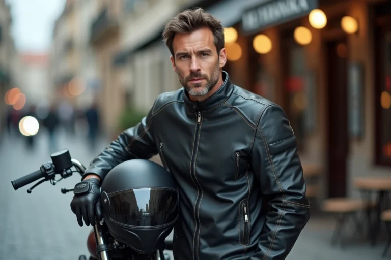 Motard masculin debout à côté de sa moto sport dans une rue pavée urbaine, portant une veste en cuir noire et un casque intégral, illustrant l'assurance moto Club 14
