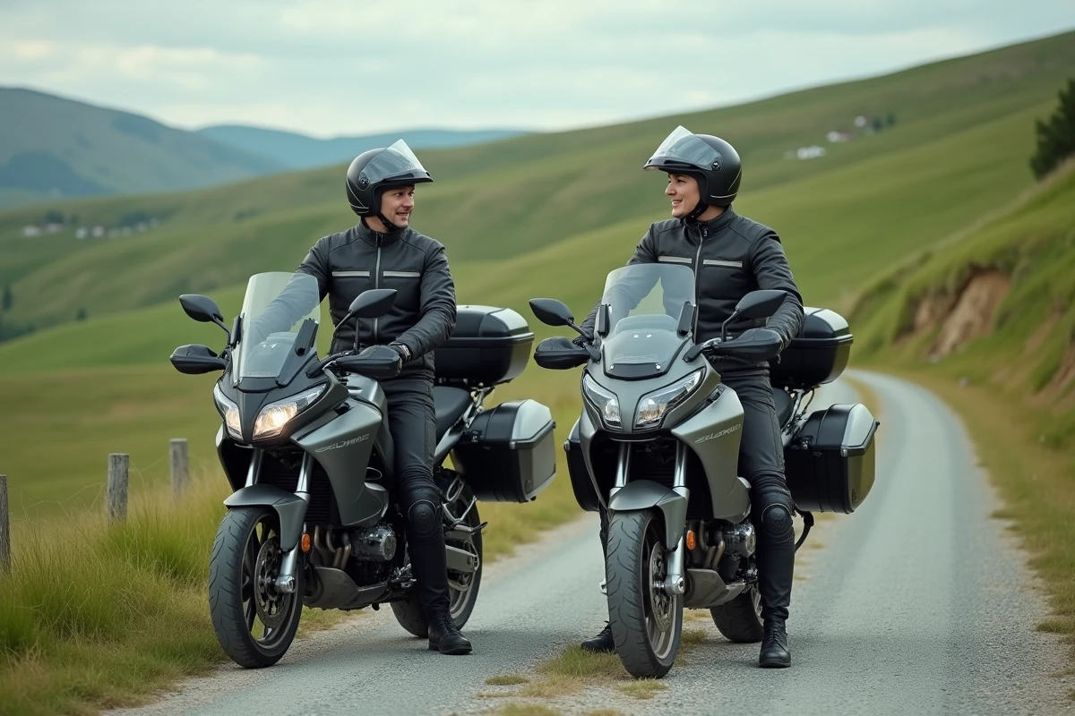 Deux motards en équipement de route discutant près de leurs motos de tourisme dans une aire de repos à la campagne, symbolisant la communauté des assurés Club 14