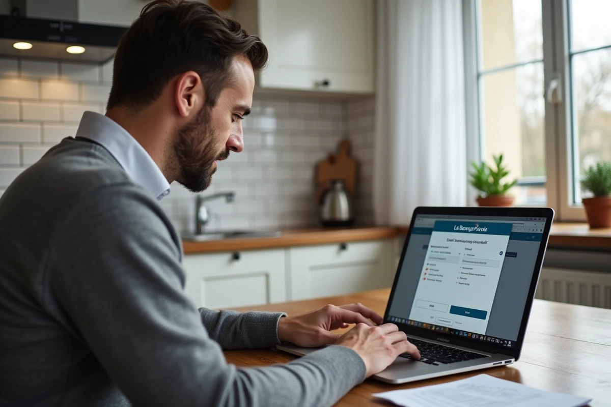 Homme ouvrant un compte en ligne à La Banque Postale depuis son domicile avec un ordinateur portable