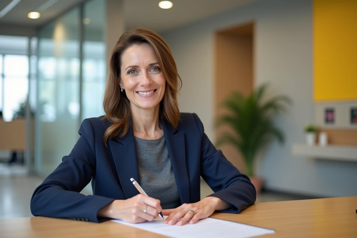 Femme ouvrant un compte à La Banque Postale en remplissant un formulaire au guichet