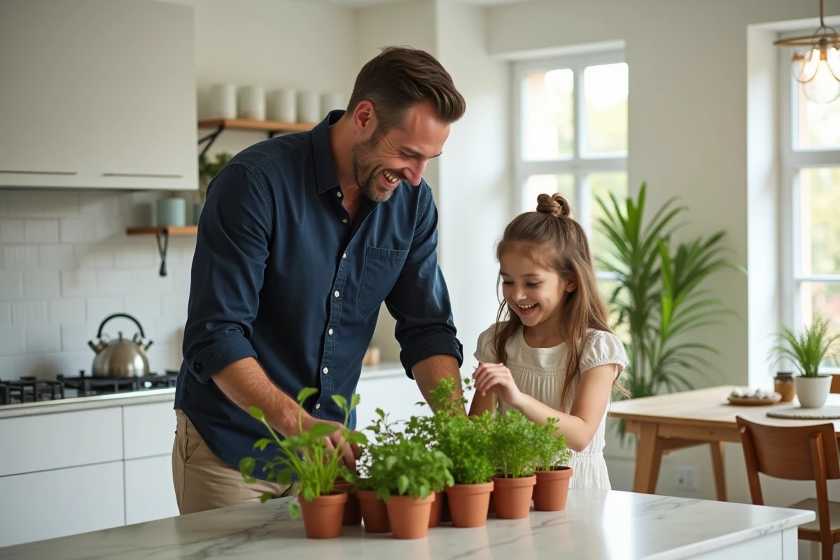 Pere et fille plantant des herbes dans la cuisine lumineuse