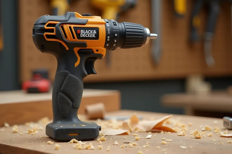 Perceuse électrique Black & Decker CD601 posée sur un établi en bois dans un atelier de bricolage