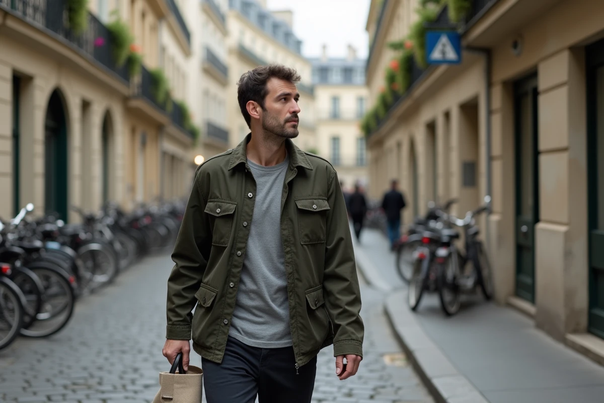 Portrait en extérieur d'un homme politique marchant dans un quartier résidentiel parisien, scène de vie personnelle urbaine