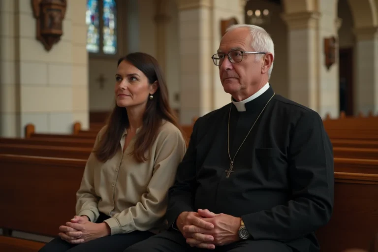 Prêtre catholique et femme en prière dans l'église