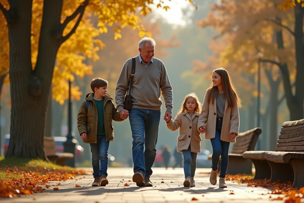 Enfant et adolescent marchant dans un parc en automne