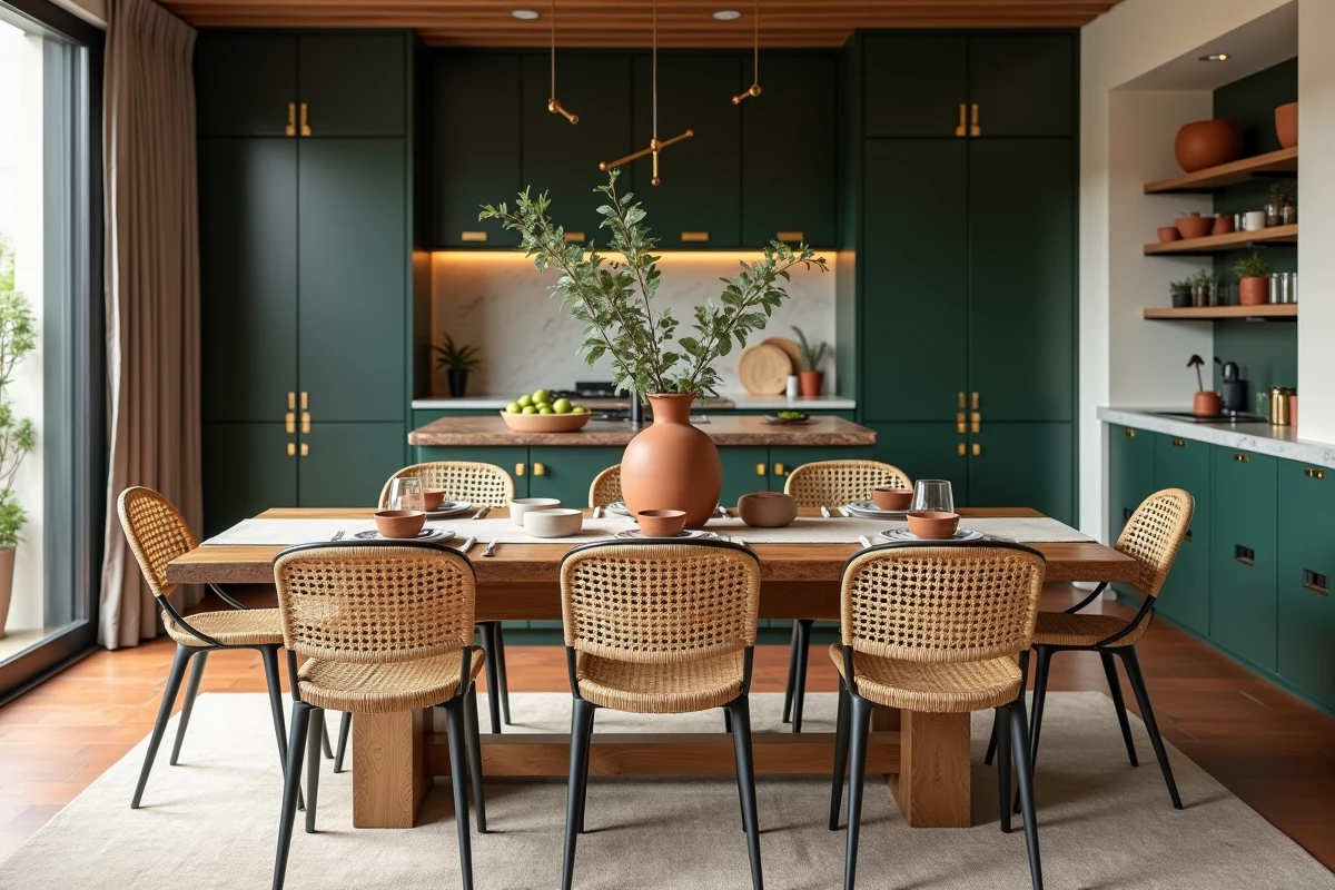Salle à manger tendance en espace ouvert avec table en bois brut, chaises en rotin et cuisine aux façades vert forêt