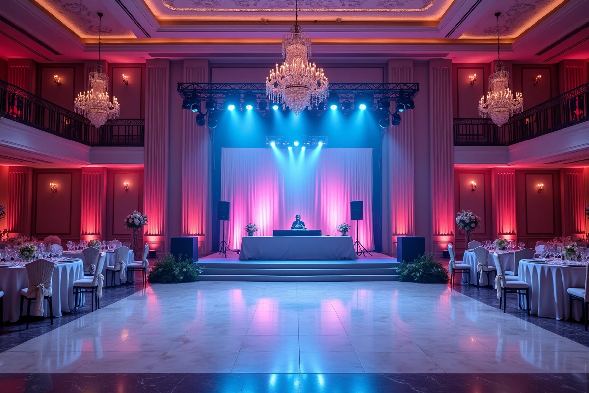 Scène de DJ professionnelle installée dans une salle de réception luxueuse pour un événement privé