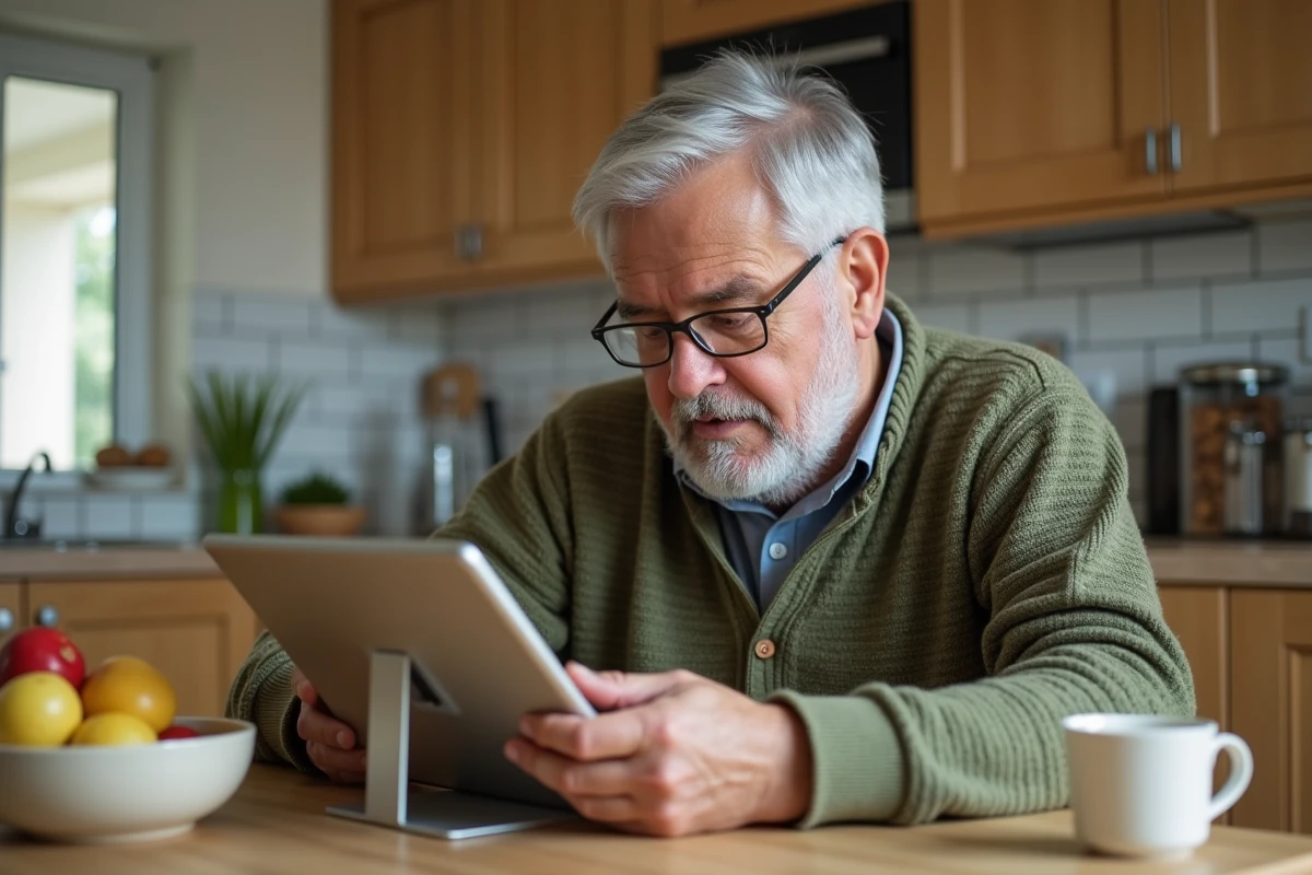 Senior consultant son espace personnel KIS SNCF sur une tablette dans sa cuisine