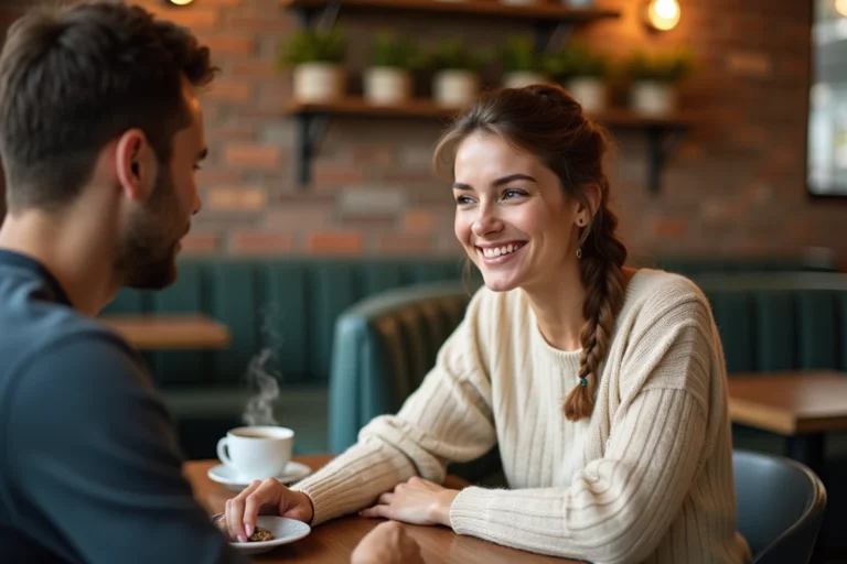 Femme souriante penchée vers un homme dans un café, signe d'intérêt et d'attirance dans une conversation complice