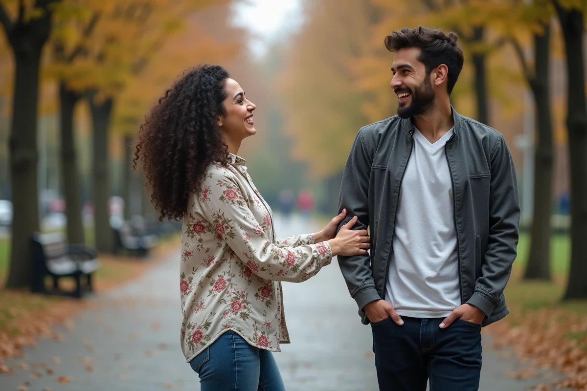 Femme riant et touchant le bras d'un homme dans un parc, geste d'attirance et de complicité au quotidien