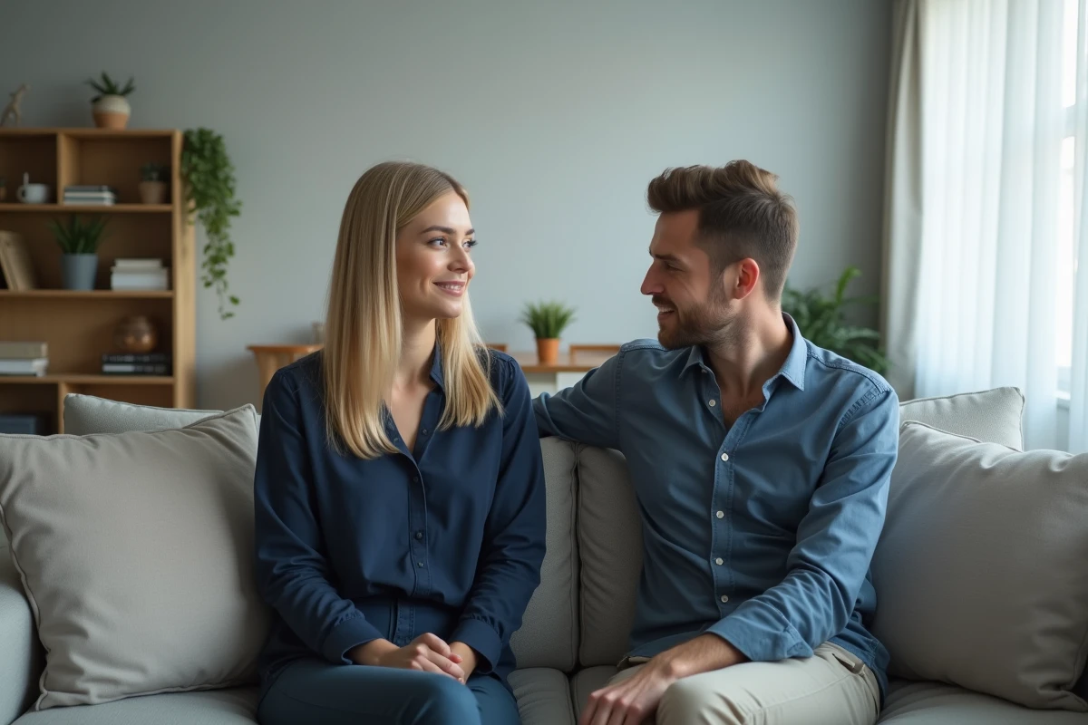Femme attentive et souriante face à un homme dans un salon moderne, langage corporel révélateur d'une attirance