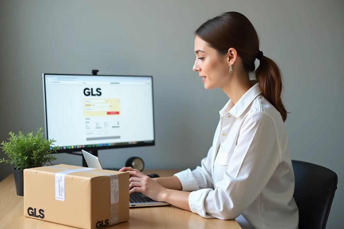 Jeune femme vérifiant le suivi de colis GLS sur ordinateur portable avec colis sur le bureau