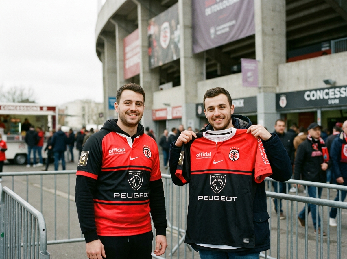 Deux supporters comparant des maillots officiels du Stade Toulousain devant un stade de rugby avant un match