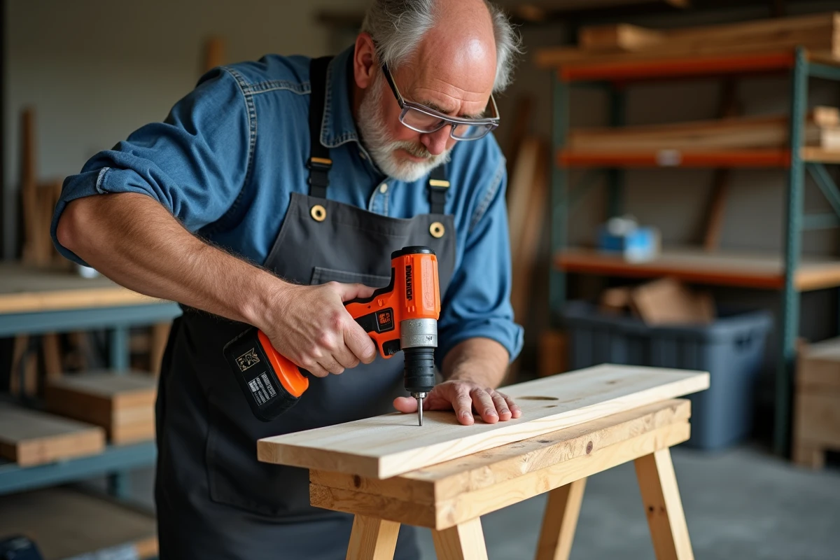 Homme utilisant la perceuse Black & Decker CD601 pour percer une planche en bois dans un garage