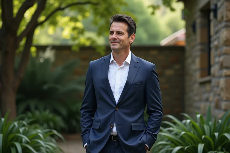 Portrait d'un homme politique français en costume marine dans un jardin résidentiel privé, ambiance naturelle et intimiste